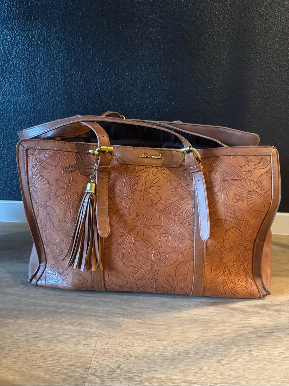 Loewe Embossed Floral Leather Tote in Cognac